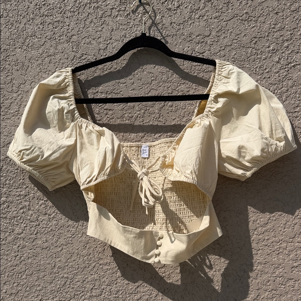 Cream Puff-Sleeve Smocked Tie-Front Crop Top